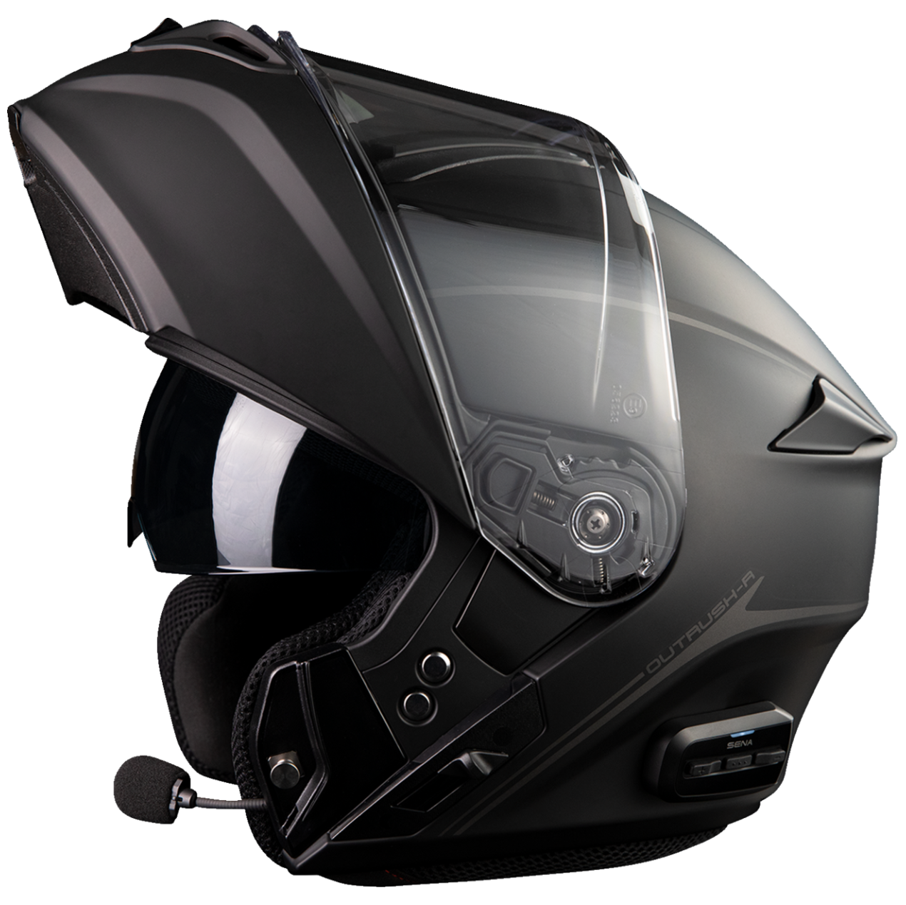 Black motorcycle helmet with visor on a white background