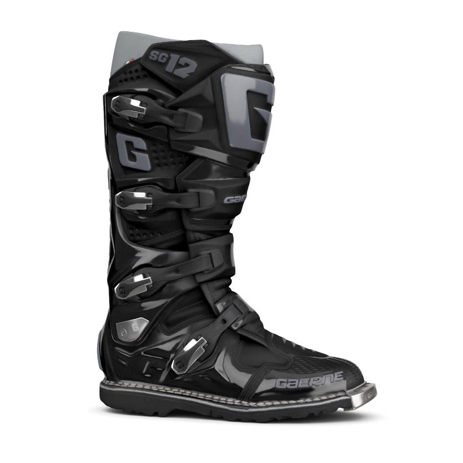 Black motocross boot with 'Gaerne' branding on a white background