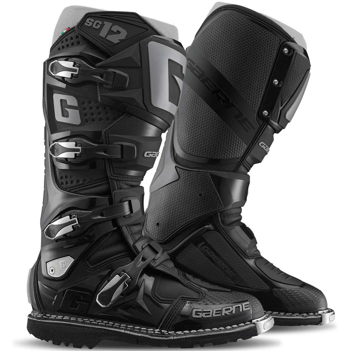 Black motocross boots with 'Gaerne' branding on a white background