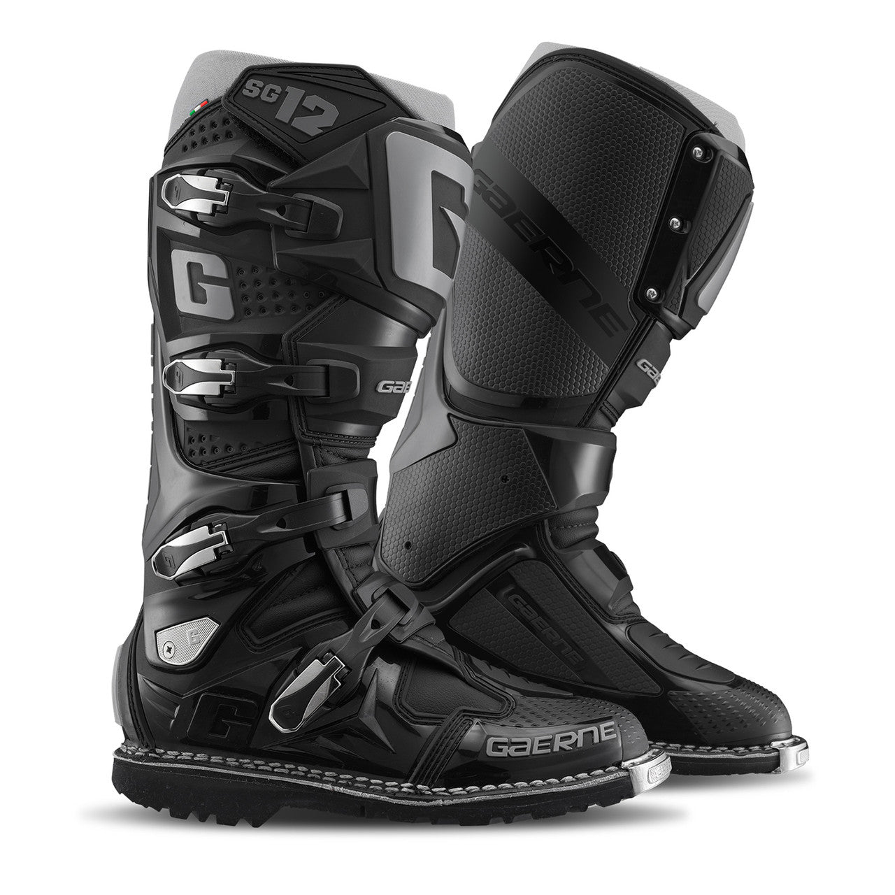 Black motocross boots with 'Gaerne' branding on a white background