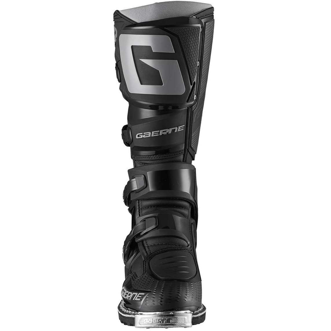 Black motocross boot with Gaerne logo on a white background