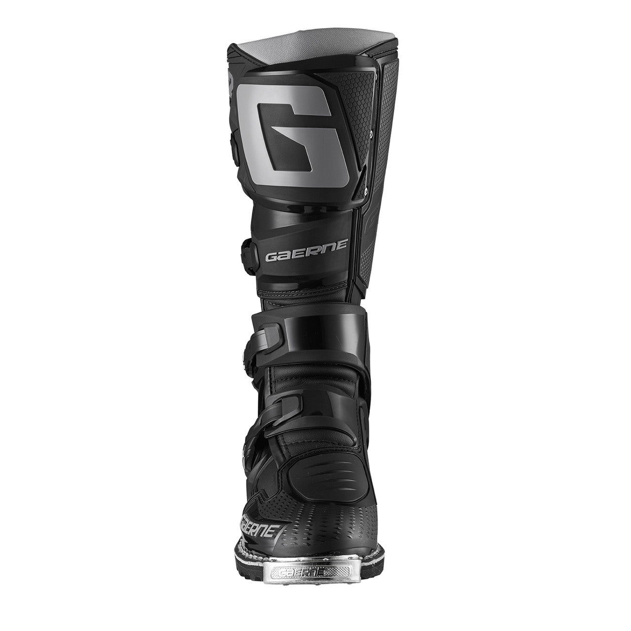 Black motocross boot with Gaerne logo on a white background