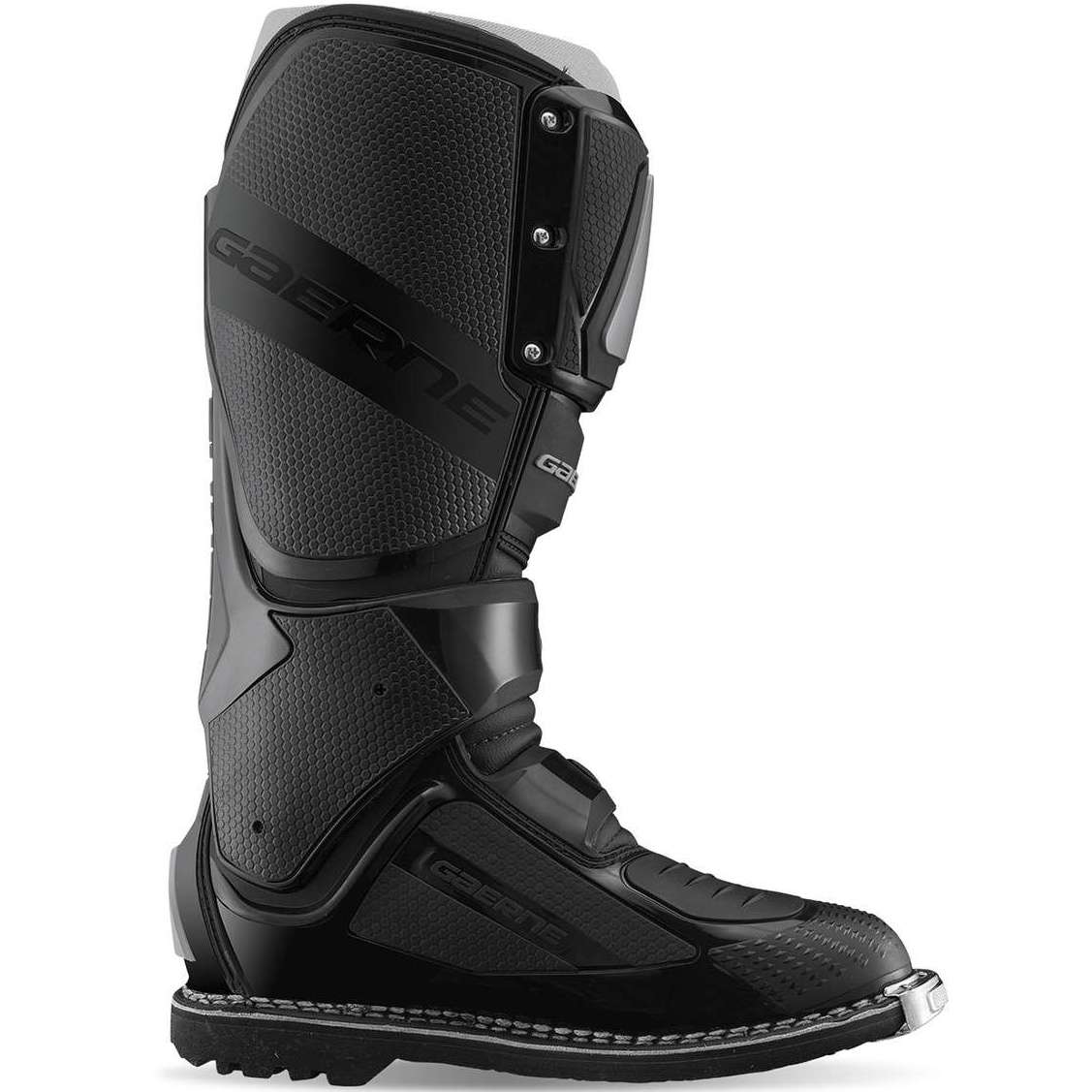 Black motorcycle boot with brand logo on a white background