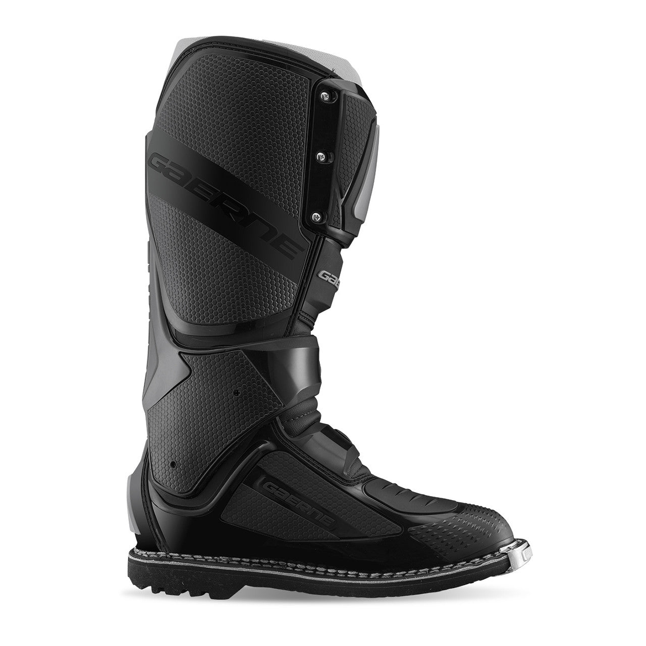 Black motorcycle boot with brand logo on a white background
