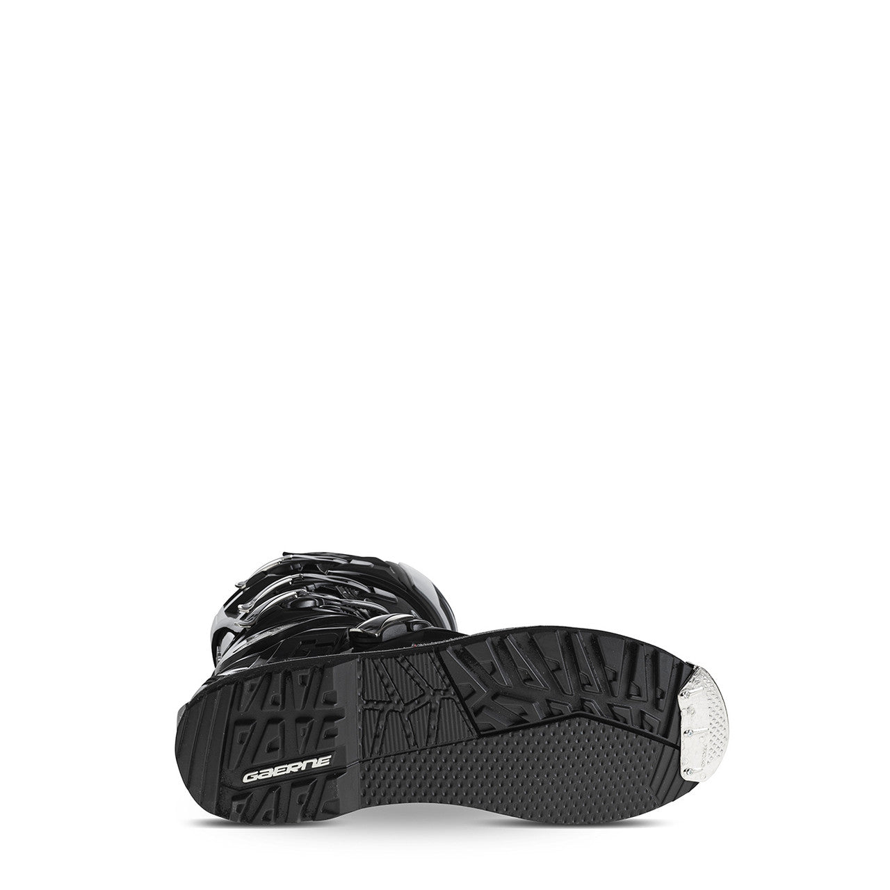Black boot sole with brand logo on a white background