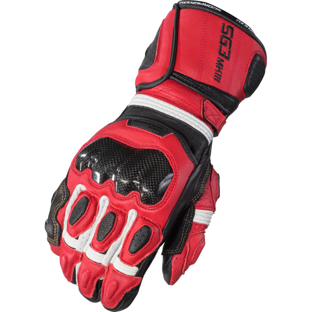 Red and black motorcycle glove with white accents on a white background