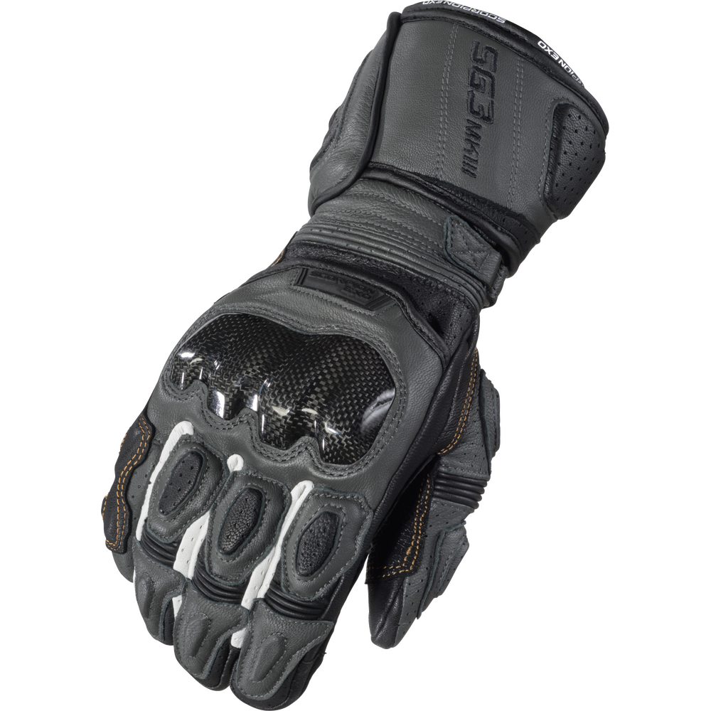 Black motorcycle glove with brand logo on a white background