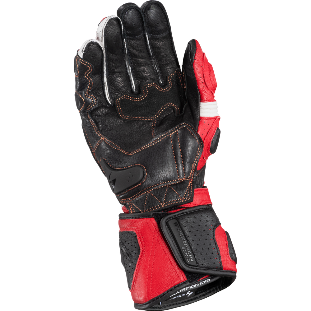 Black and red leather glove on a white background