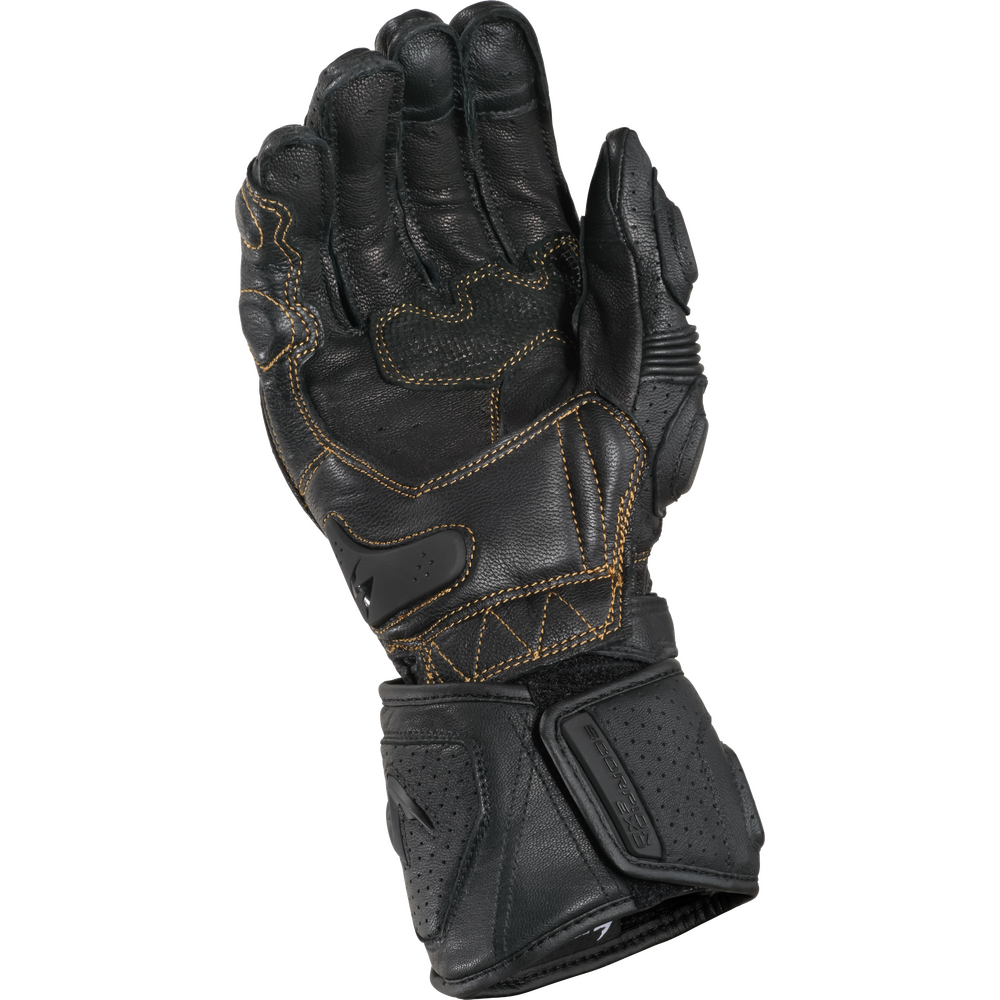 Black leather glove with stitching details on a white background