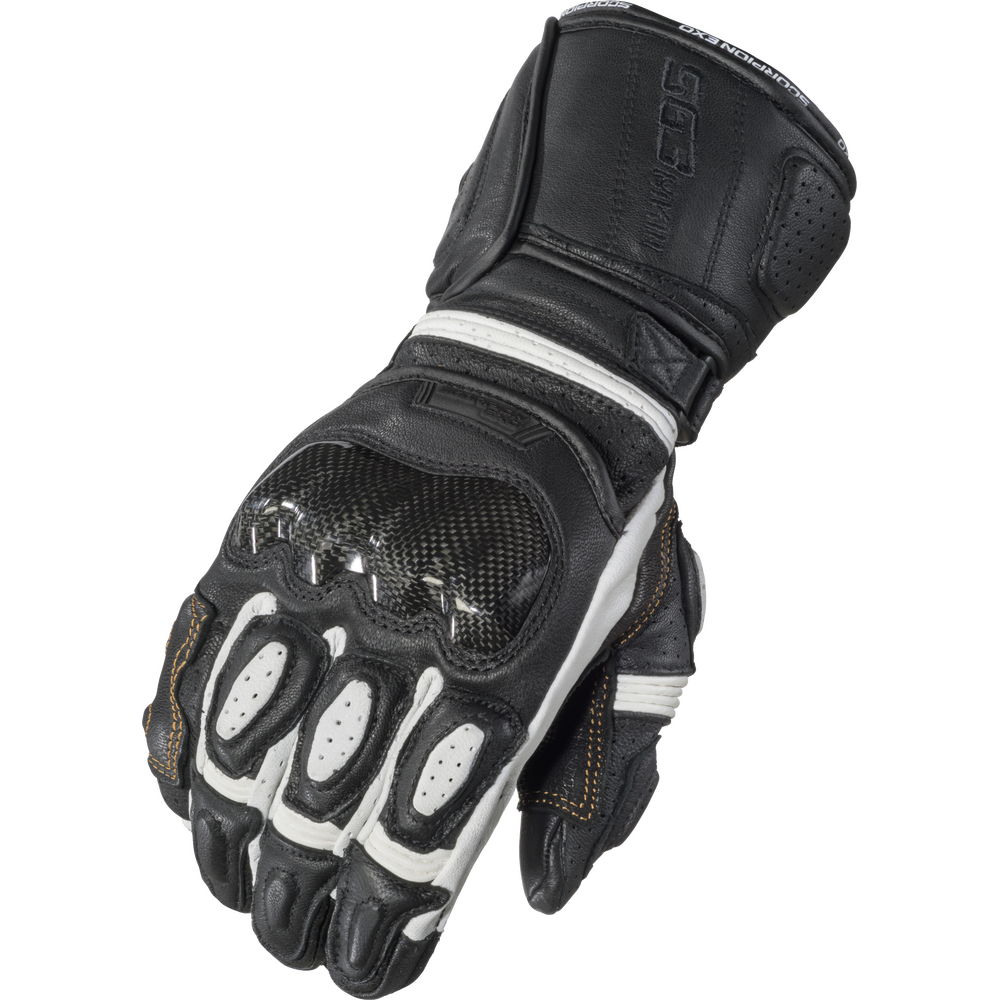 Black motorcycle glove with white accents on a white background