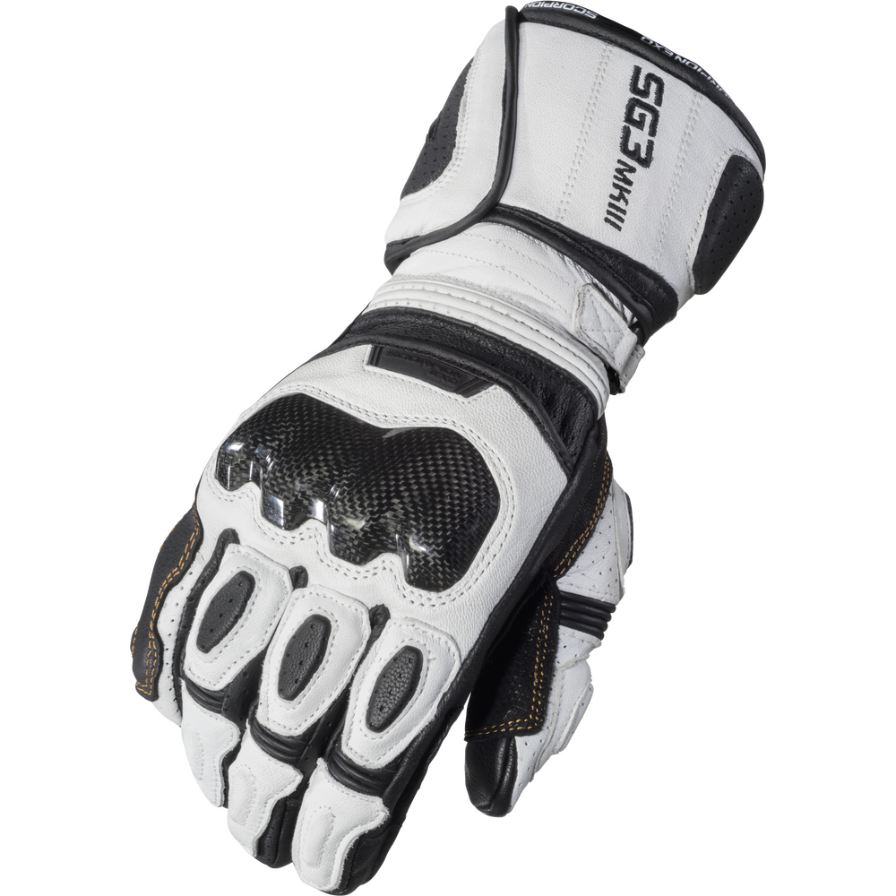 White motorcycle glove with black accents on a white background