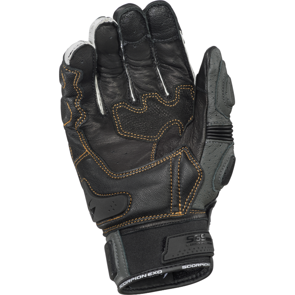 Black motorcycle glove with detailed stitching on a white background