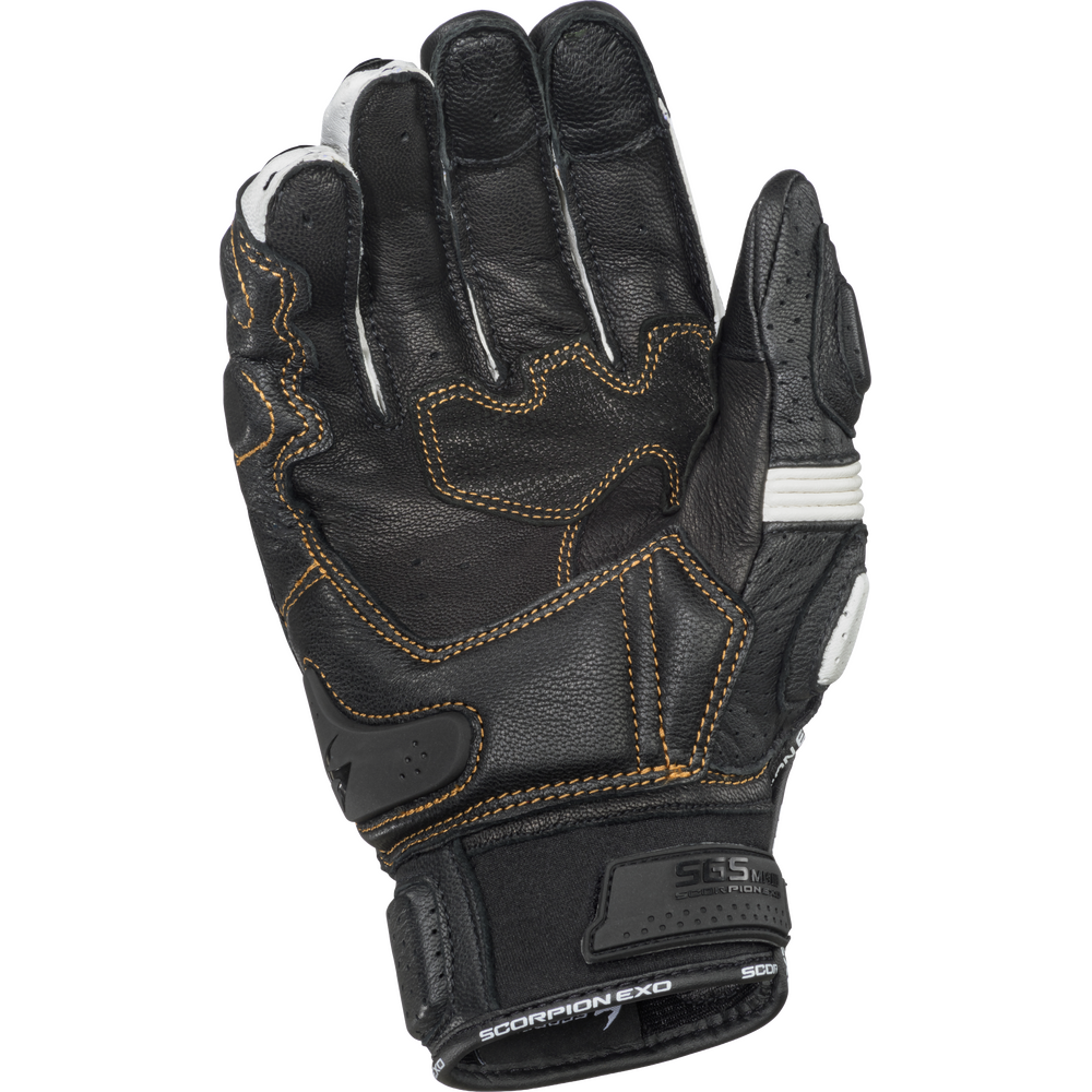 Black motorcycle glove with Scorpion Exo branding on a white background