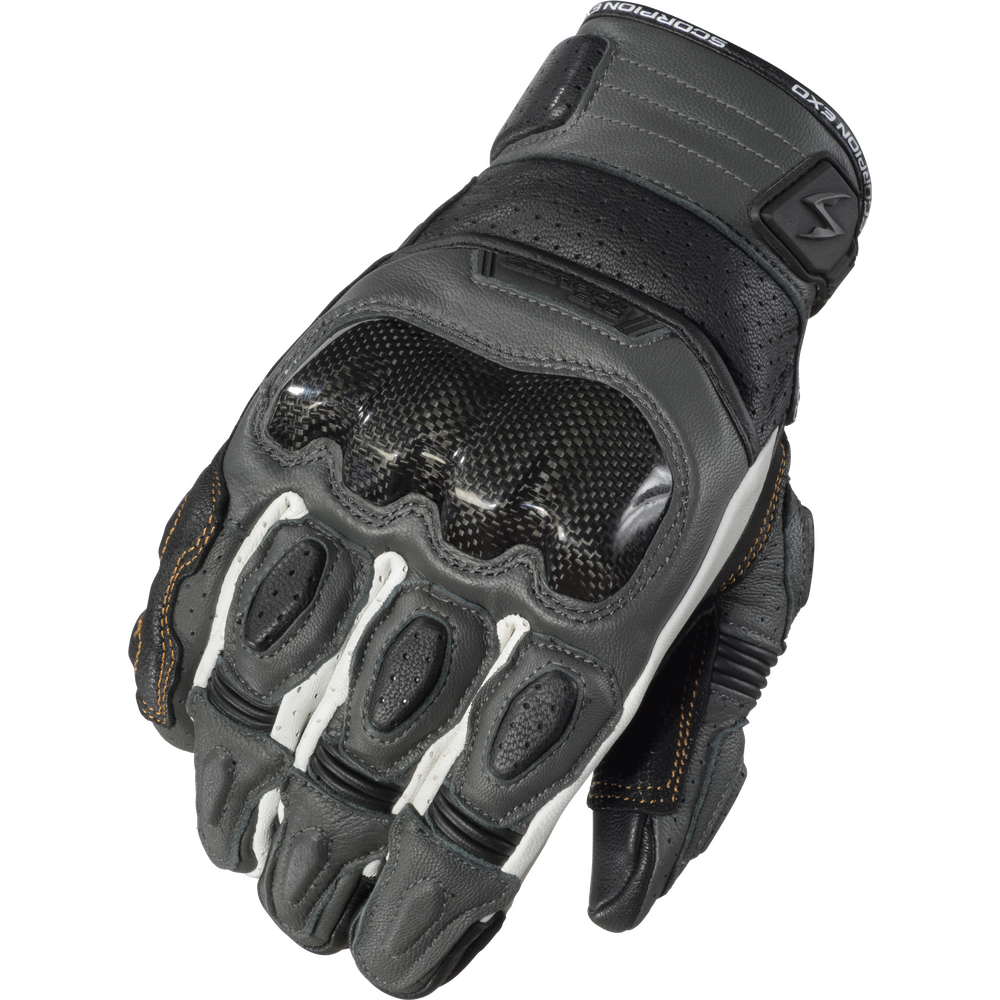 Black motorcycle glove with knuckle protection on a white background