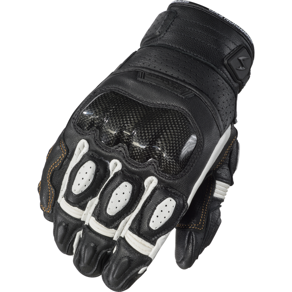Black motorcycle glove with white accents on a white background