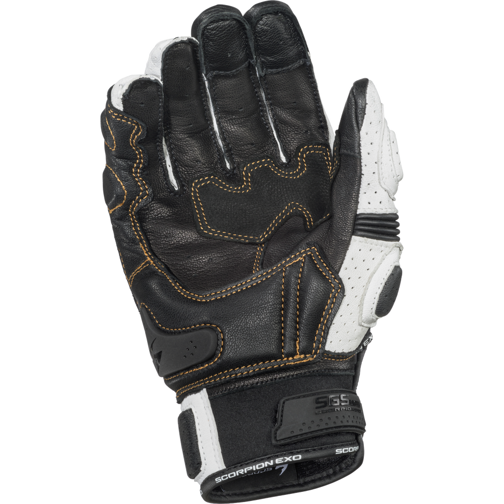 Black leather glove with white accents on a white background