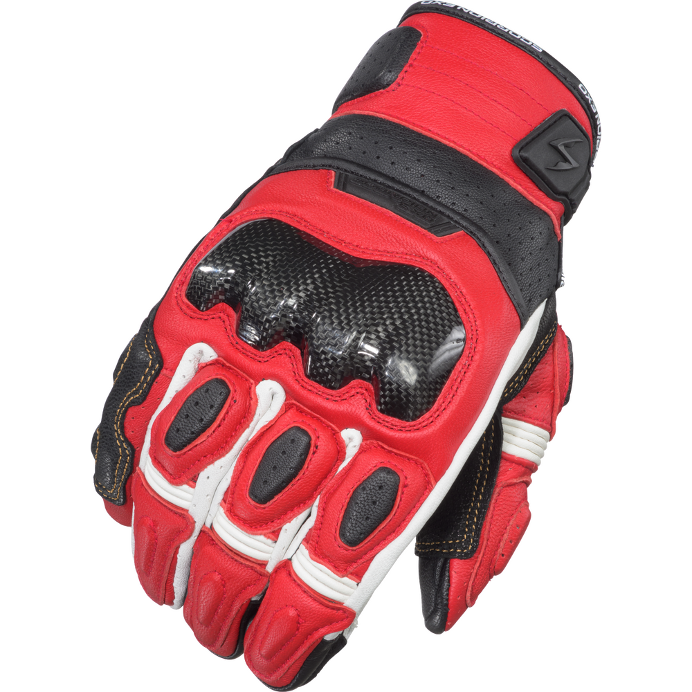 Red and black motorcycle glove on a white background