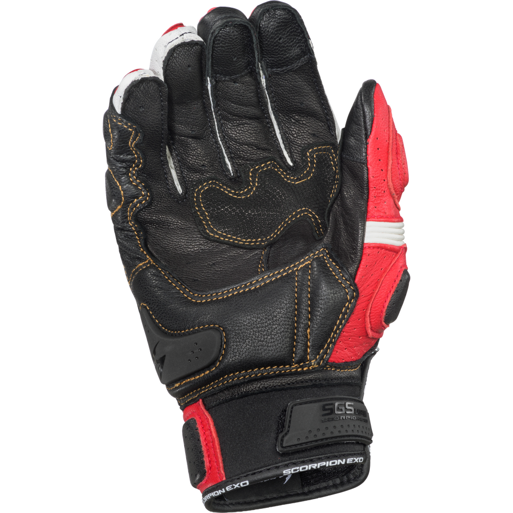 Black and red glove with visible branding on a white background