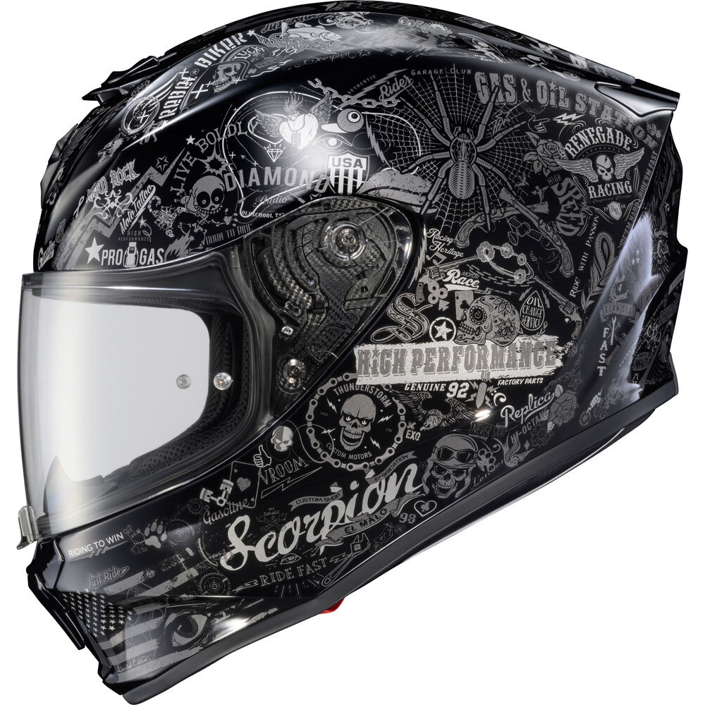 A black full-face motorcycle helmet with a clear visor, decorated with intricate white and gray gothic, skull, and mechanical doodle graphics. The graphic features various text elements such as 'Scorpion', 'High Performance', and 'Diamond'.