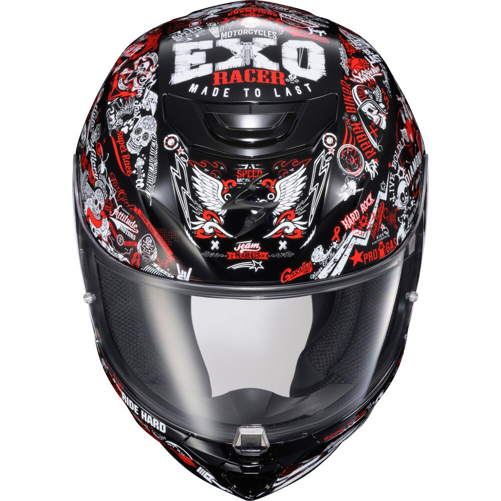 A black full-face motorcycle helmet with a glossy finish, decorated with red and white graphics, skull illustrations, and racing text including 'EXO RACER' and 'Made to Last'. It features a clear visor and is photographed against a solid white background.