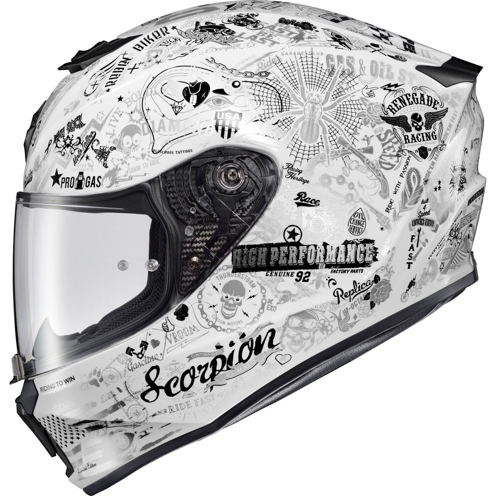 A white full-face motorcycle helmet with a clear visor, decorated with black and gray graphic decals, logos, and illustrations including 'Scorpion' and 'High Performance Racing'.