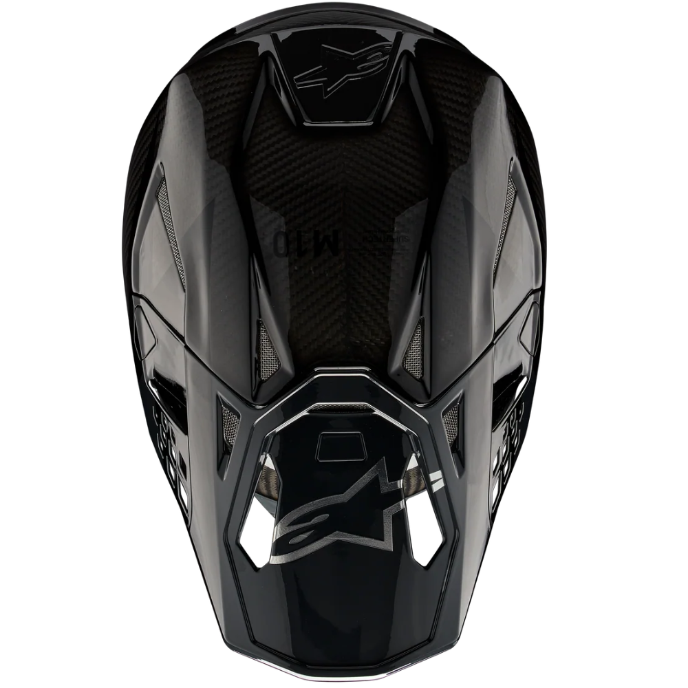 A black Alpinestars full-face motocross helmet shown from the front against a solid white background.