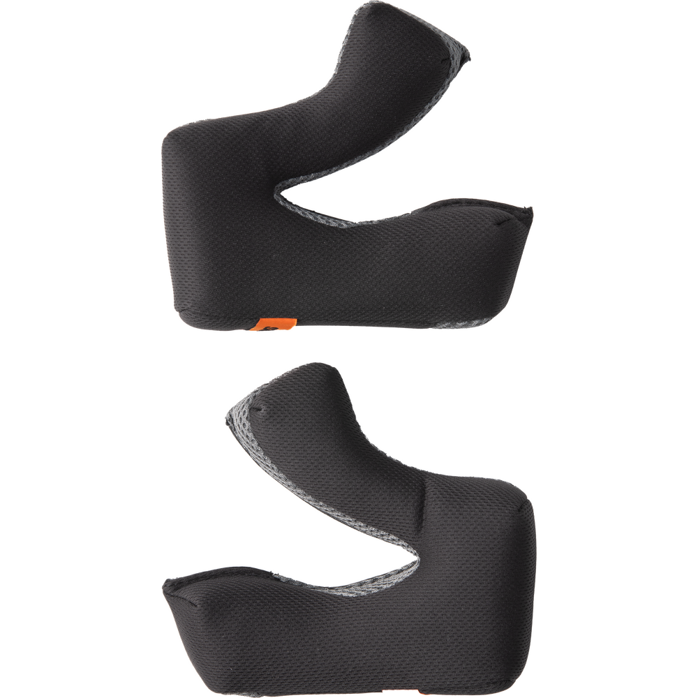 Two black textured foam handlebar grips with gray trim and a small orange accent tab, shown on a plain white background.