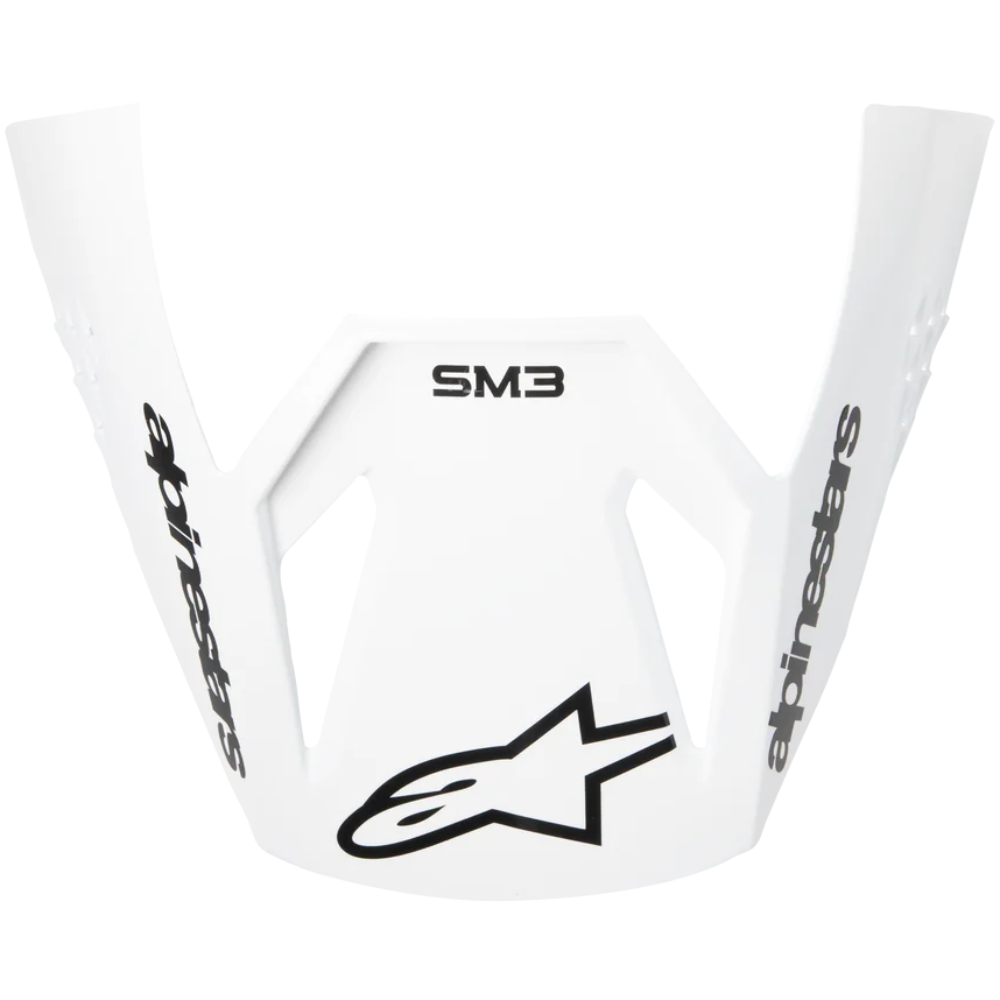 White Alpinestars SM3 motorcycle helmet peak visor with black printed logos and text, shown on a solid white background.