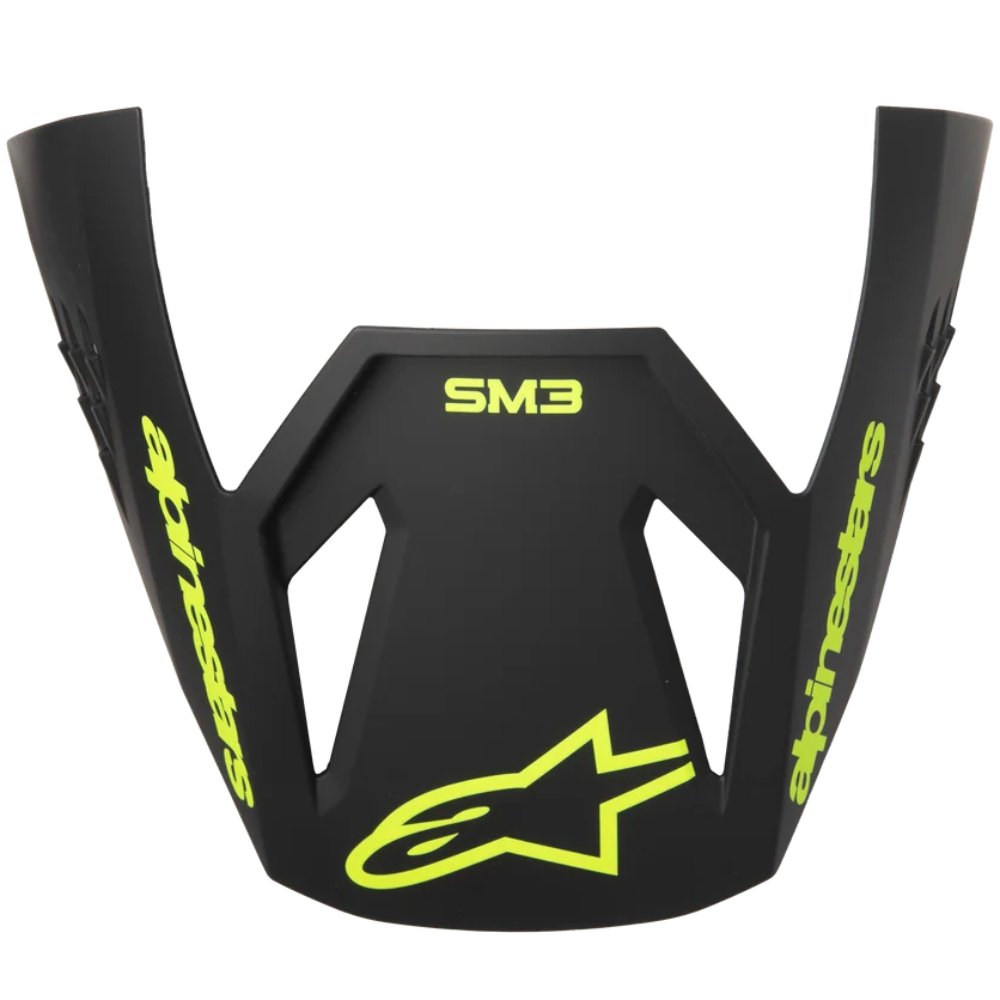 Alpinestars SM3 motocross helmet peak visor in matte black with neon yellow accents, including the Alpinestars logo and 'SM3' text.