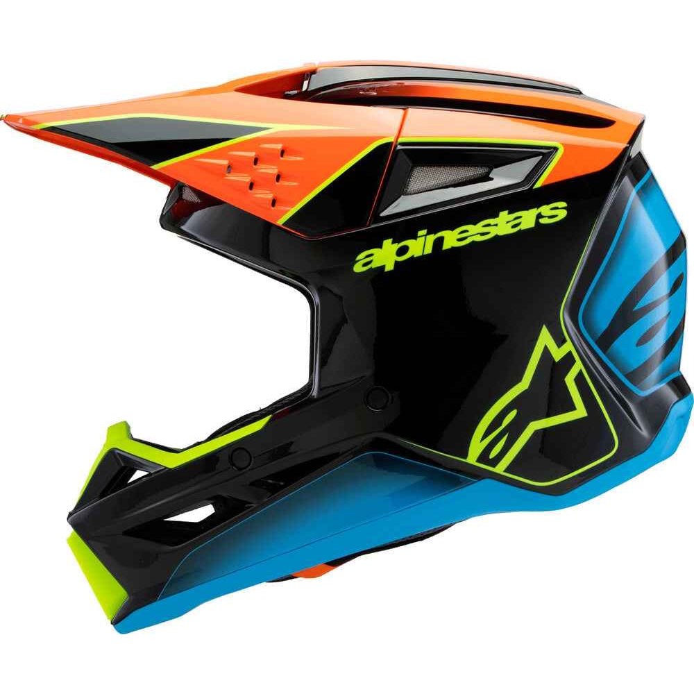 Motocross helmet with orange, black, and blue design on a white background