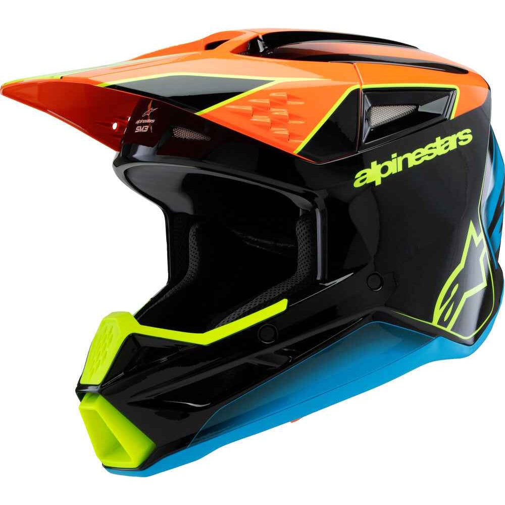 Motocross helmet with orange, black, and blue design on a white background