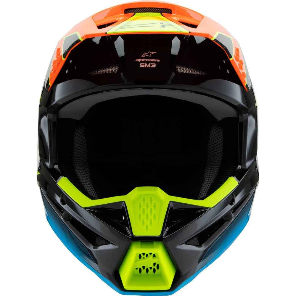 Motocross helmet with orange, black, and blue design on a white background
