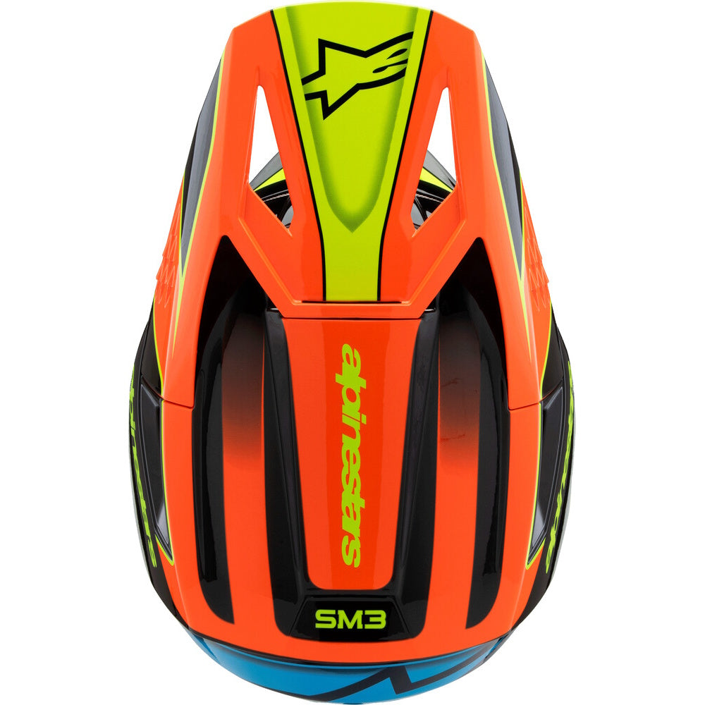 Alpinestars SM3 Off-Road motorcycle helmet in a vibrant orange, lime green, and black colorway, shown from a front-facing angle on a white background.