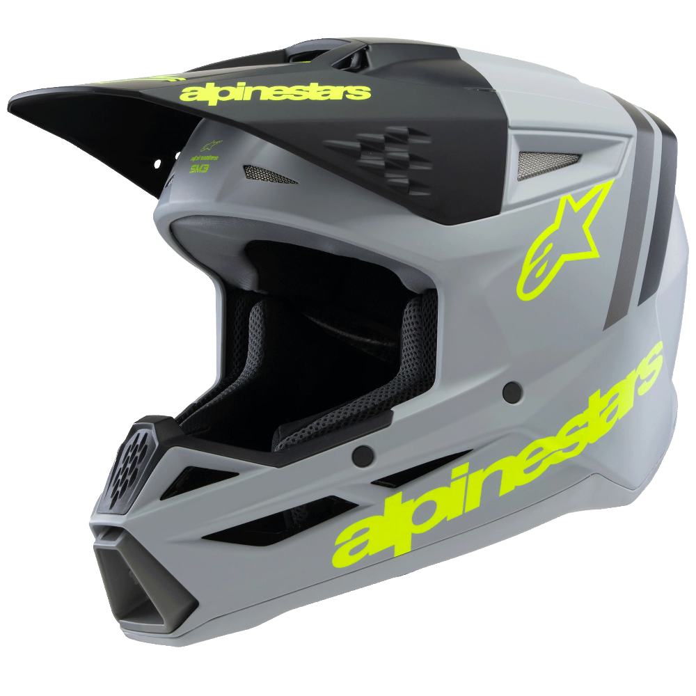 Gray and black helmet with neon yellow accents and 'alpinestars' branding on a white background