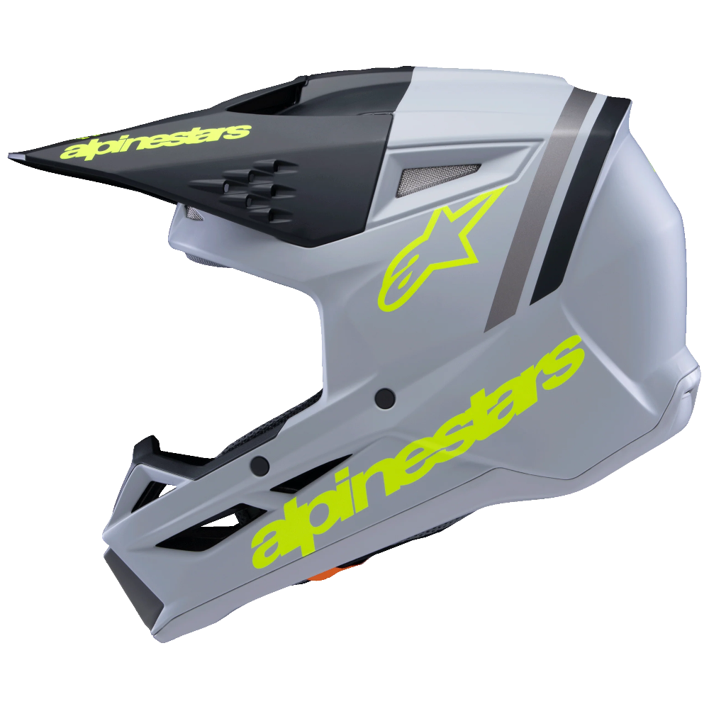 Gray and black helmet with green accents featuring the Alpinestars logo on a white background.