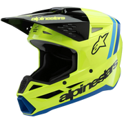 A bright neon yellow-green Alpinestars full-face motocross helmet with black and blue accents, shown from a three-quarters angle on a plain white background.