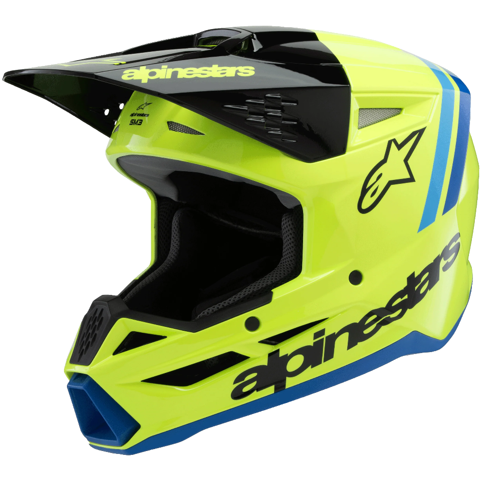 A bright neon yellow-green Alpinestars full-face motocross helmet with black and blue accents, shown from a three-quarters angle on a plain white background.