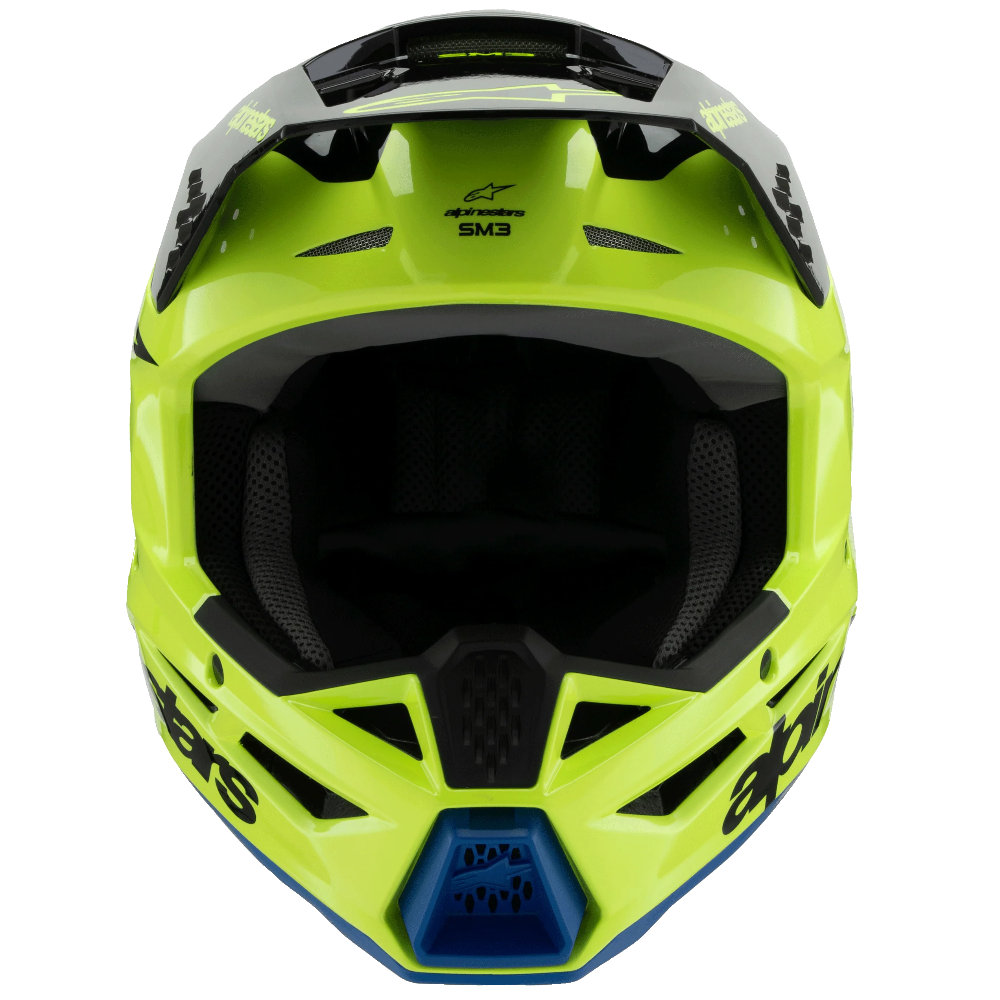 A full-face motocross helmet in a vibrant lime green with black visor and trim details, photographed from a front-facing angle on a solid white background.
