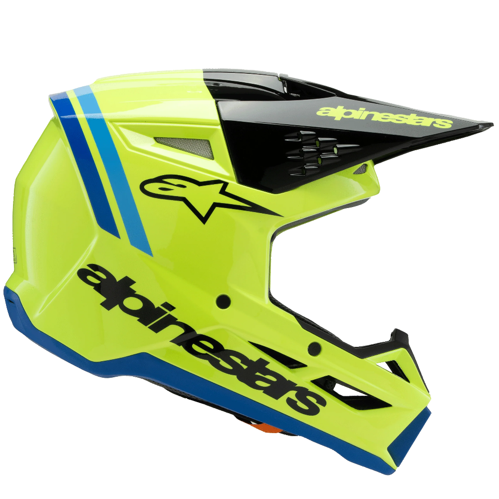 Yellow motocross helmet with blue accents on a black background