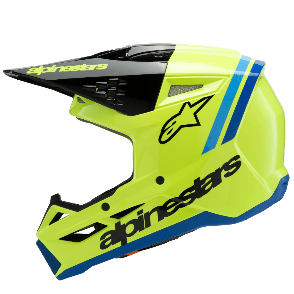 A bright neon yellow-green Alpinestars motocross helmet with black and blue accents, shown from a side profile on a solid white background.