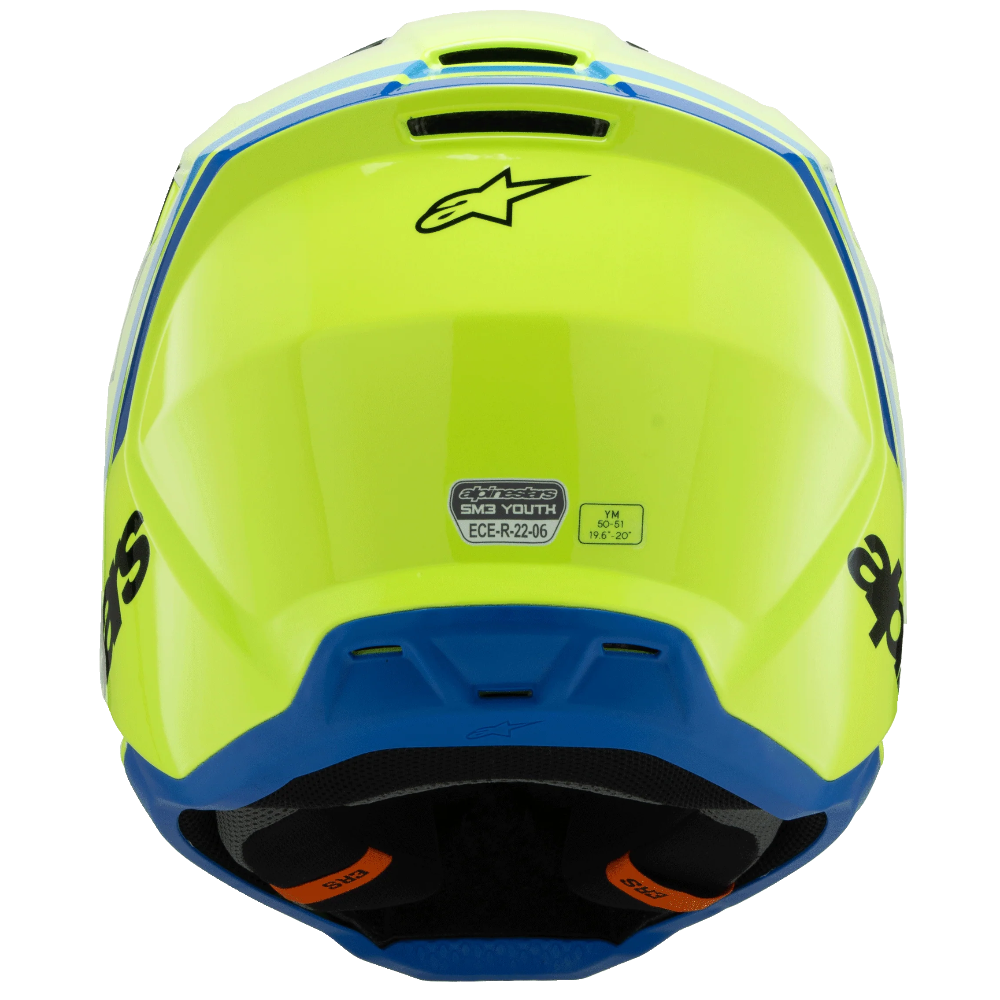 The back view of an Alpinestars full-face helmet in a vibrant neon yellow-green with blue accents on the lower section and side details, shown against a plain white background.
