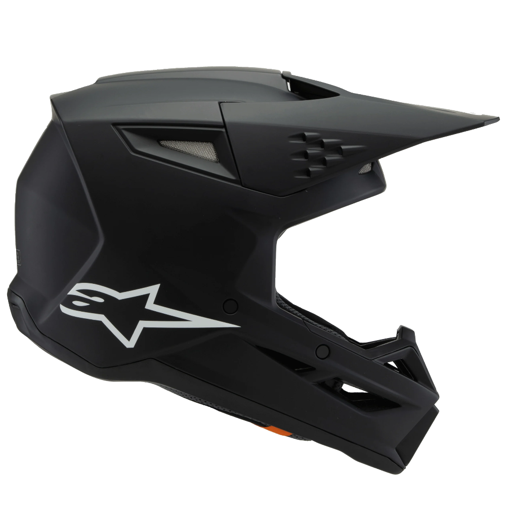Black motocross helmet with a brand logo on a white background