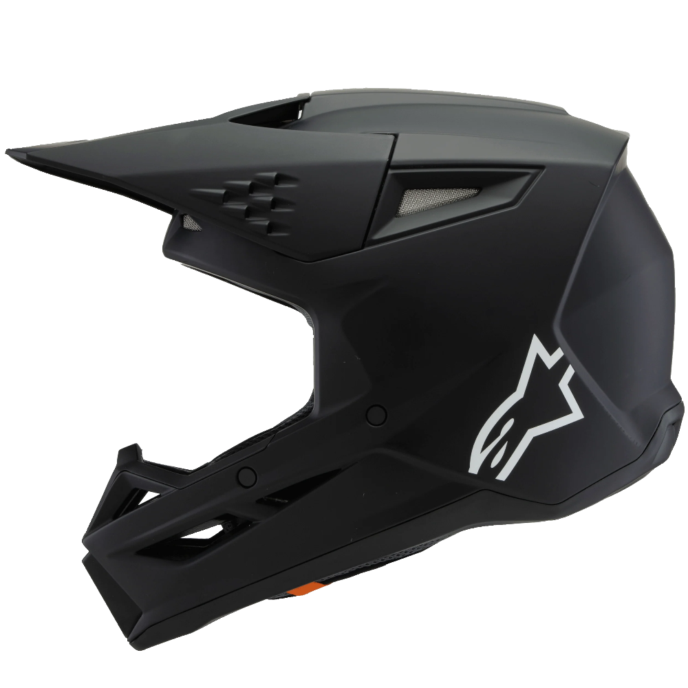 Black motocross helmet with a brand logo on a white background
