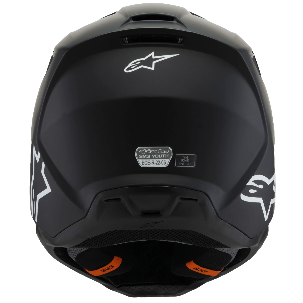 Rear view of an Alpinestars full-face motorcycle helmet in matte black, featuring white logo graphics and an orange interior lining visible at the chin.