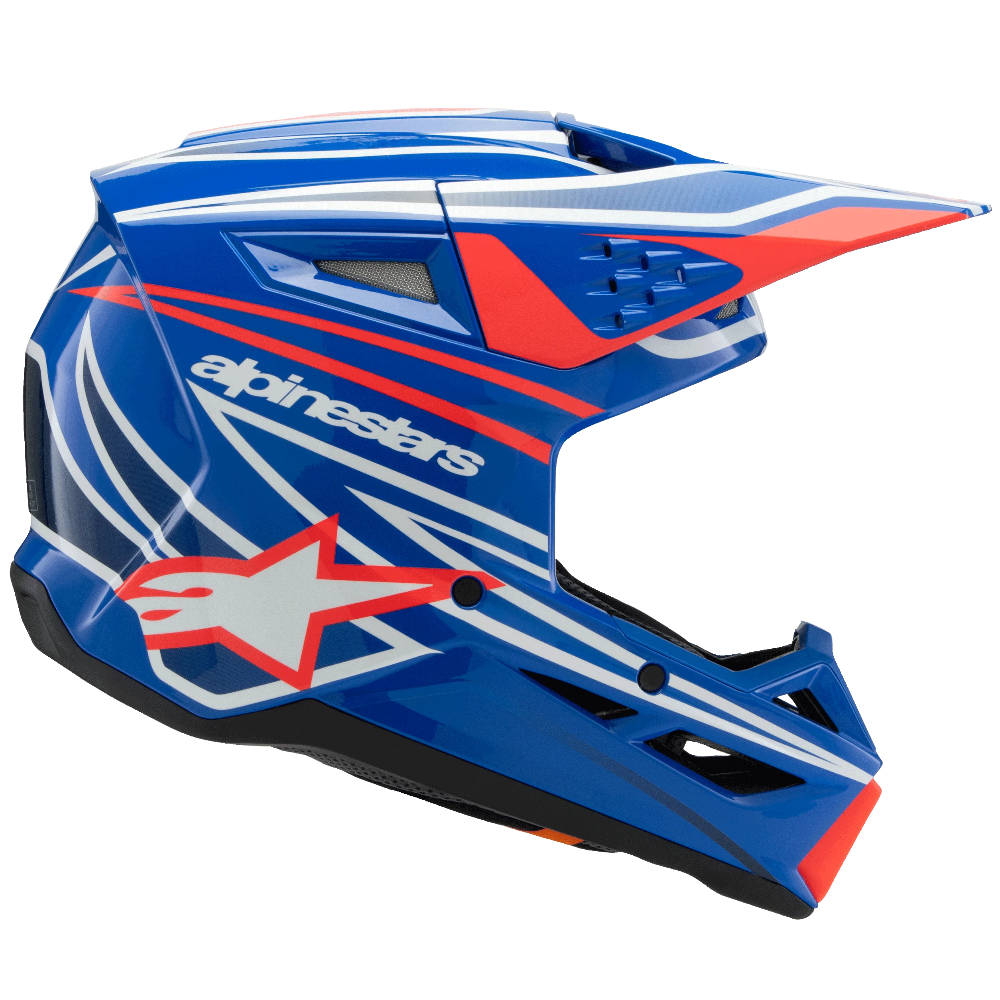 Alpinestars blue motocross helmet with red and white graphics, shown from a side profile on a solid white background.