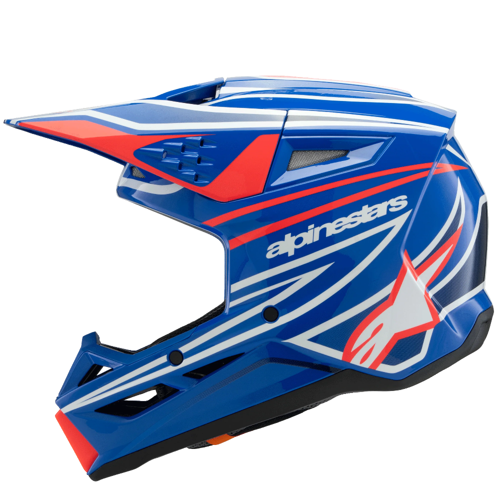 Alpinestars motocross helmet in blue, white, and red with a prominent visor, shown on a plain white background.
