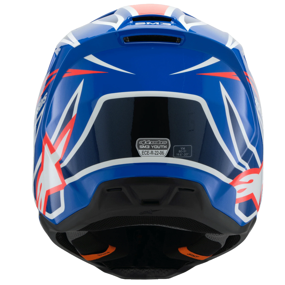 A blue full-face motocross helmet with white and red graphic accents, shown from the rear on a plain white background.