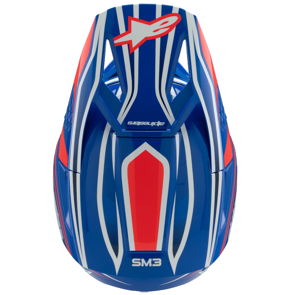 Alpinestars SM3 motocross helmet in a blue, red, and white colorway, shown from the rear on a solid white background.