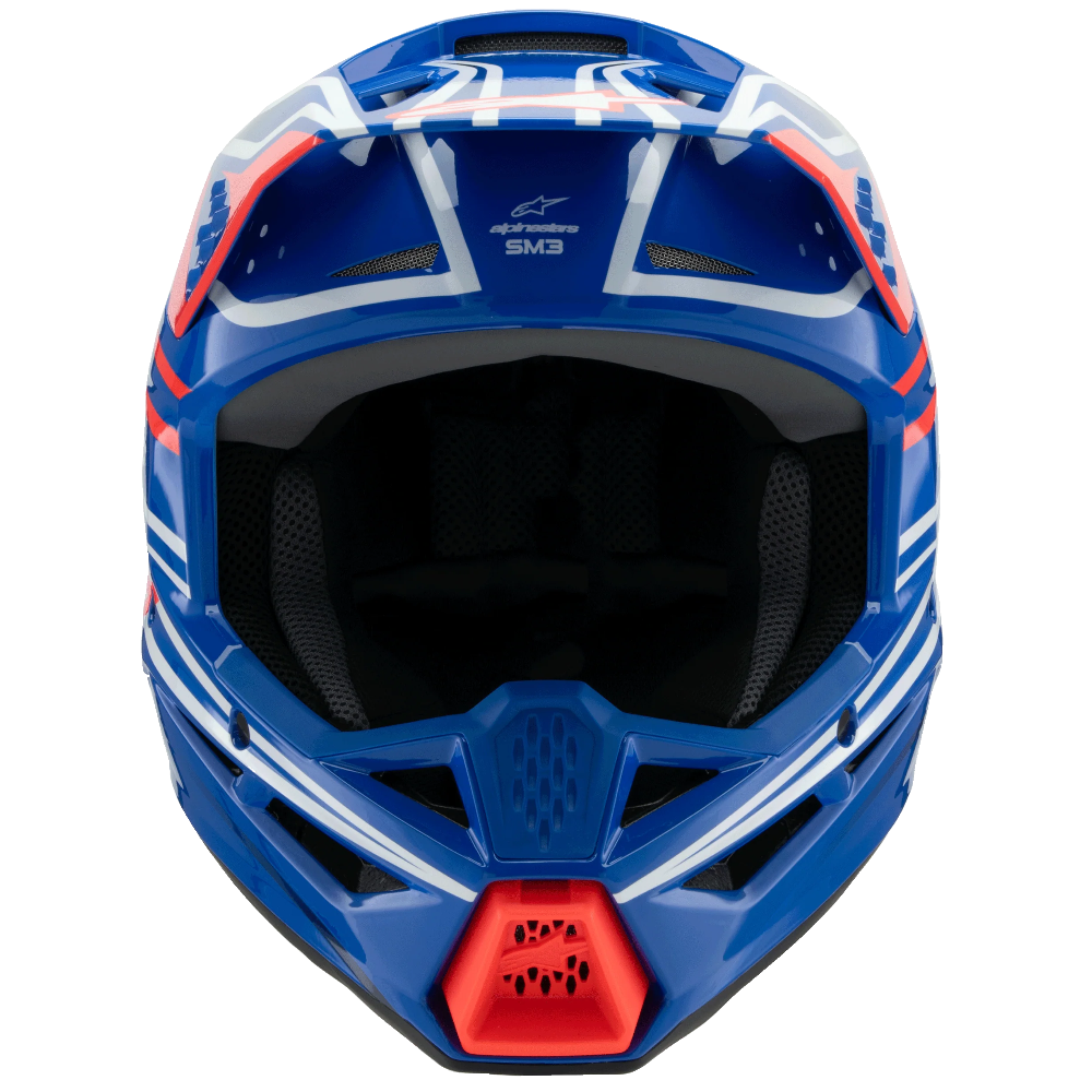 A blue Alpinestars full-face motocross helmet with white and red graphic accents, shown from a front-facing perspective on a solid white background.