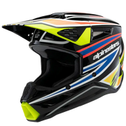 Black motocross helmet with colorful accents on a black background